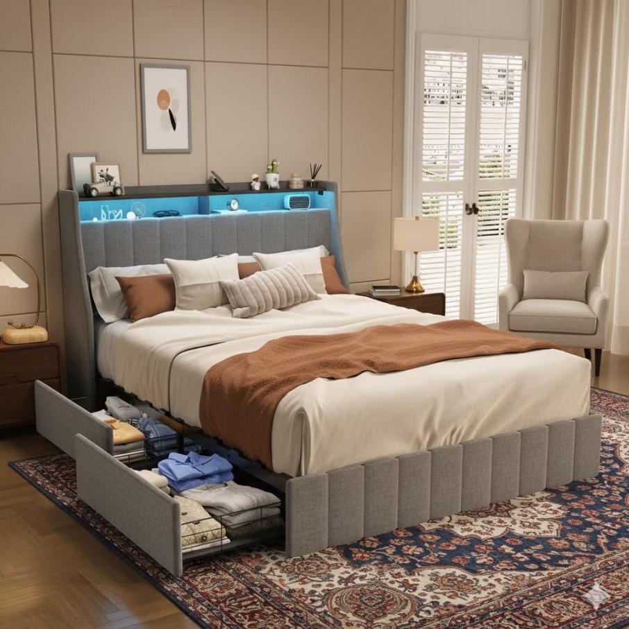 SESSLIFE Queen Size Bed Frame with 4 Drawers, Wood Platform Bed Frame with 41.3" High LED Wingback Storage Headboard, Upholstered Bed Frame Queen Size with Strong Slats, No Box Spring Needed, Gray