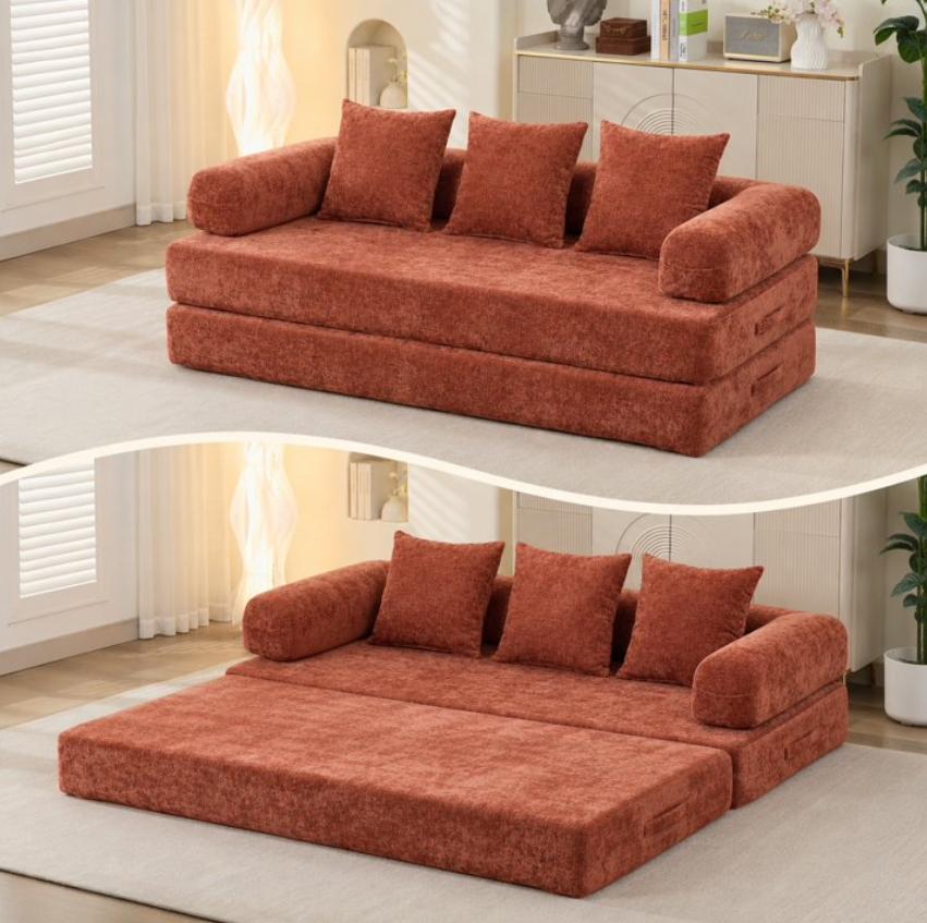 SESSLIFE Sofa Bed, Convertible Chenille Fabric Boneless Couch, Sleeper Sofa with Pillows & Storage Pocket, No Assembly Folding Pull Out Couch for Living Room, Black