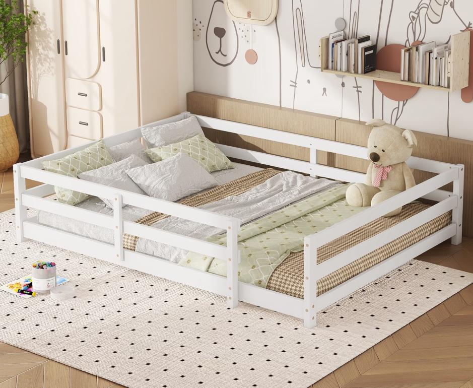 SESSLIFE Twin Montessor Floor Bed, Solid Wood Toddler Floor Bed with Fence, Easy Assembly Floor Bed Frame for Kids, Gray