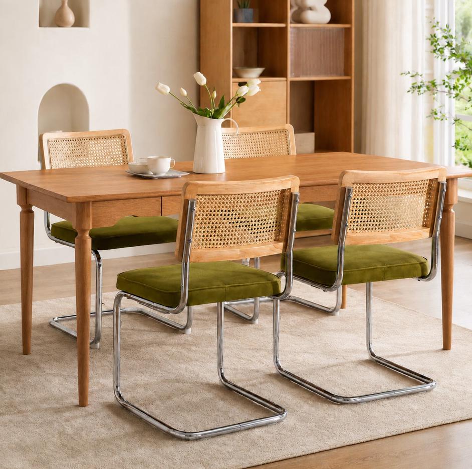 SESSLIFE Dining Chairs Set of 4, Cane Rattan Back Dining Room Chairs with Velvet Upholstered Seat, Cantilever Kitchen Chairs with Chrome Frame, 360 lbs, Olive Green