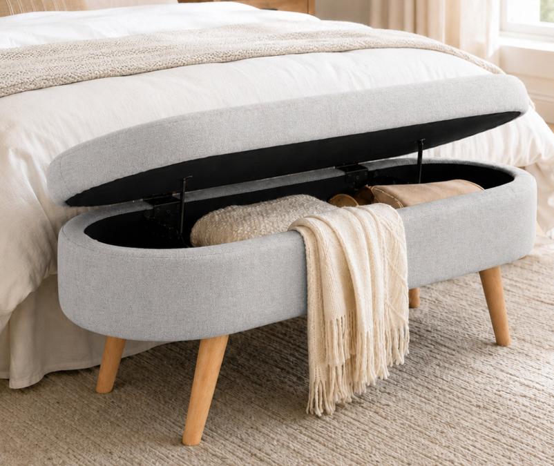 SESSLIFE 43.5" Ottoman with Storage, Storage Ottoman Bench with Safety Hinge, Linen End of Bed Bench, Upholstered Entryway Bench for Bedroom, 250 lb Capacity, Beige