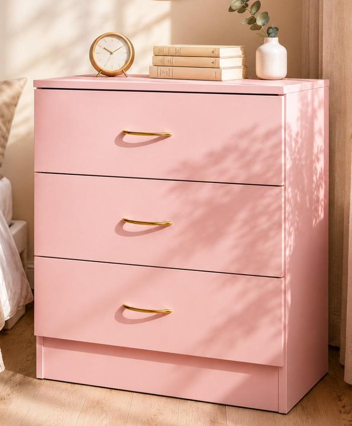 SESSLIFE Night Stand, Pink Nightstand with 3 Drawers and Gold Handles, Wood Bedside Table Storage Cabinet for Bedroom, Living Room