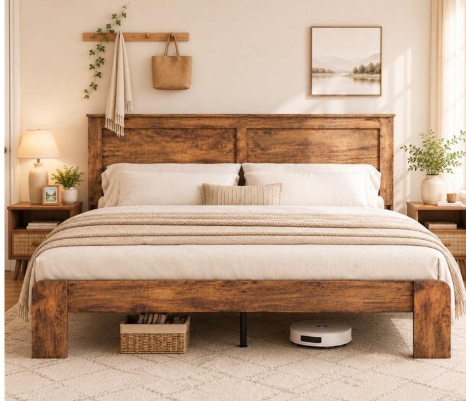 SESSLIFE Full Size Bed Frame with Headboard, Rustic Wood and Metal Platform Bed, Farmhouse Full Bed Frame with Under Bed Storage, No Box Spring Needed, Black