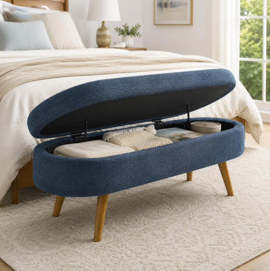 SESSLIFE 43.5" Ottoman with Storage, Storage Ottoman Bench with Safety Hinge, Linen End of Bed Bench, Upholstered Entryway Bench for Bedroom, 250 lb Capacity, Beige