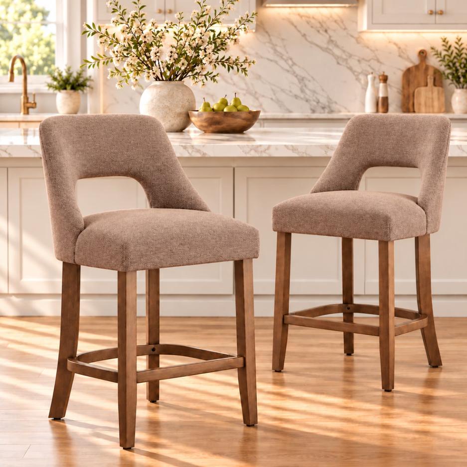 SESSLIFE Bar Stools Set of 2, 26" Counter Height Bar Stools with Open Back, Modern Upholstered Kitchen Island Stools with Solid Wood Legs, Bar Chairs for Dining Room, Beige