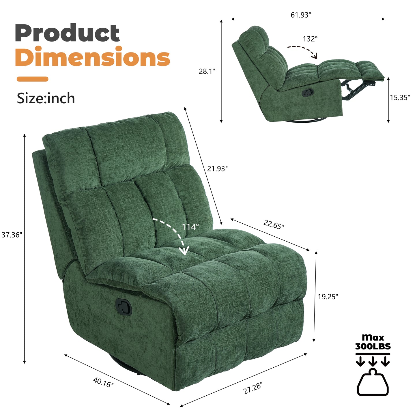 SESSLIFE 360° Swivel Rocker Recliner Chair, Chenille Manual Recliner Chair with Rocking Motion, Nursery Recliner Chair for Adults, Small Space Recliner for Living Room, Green