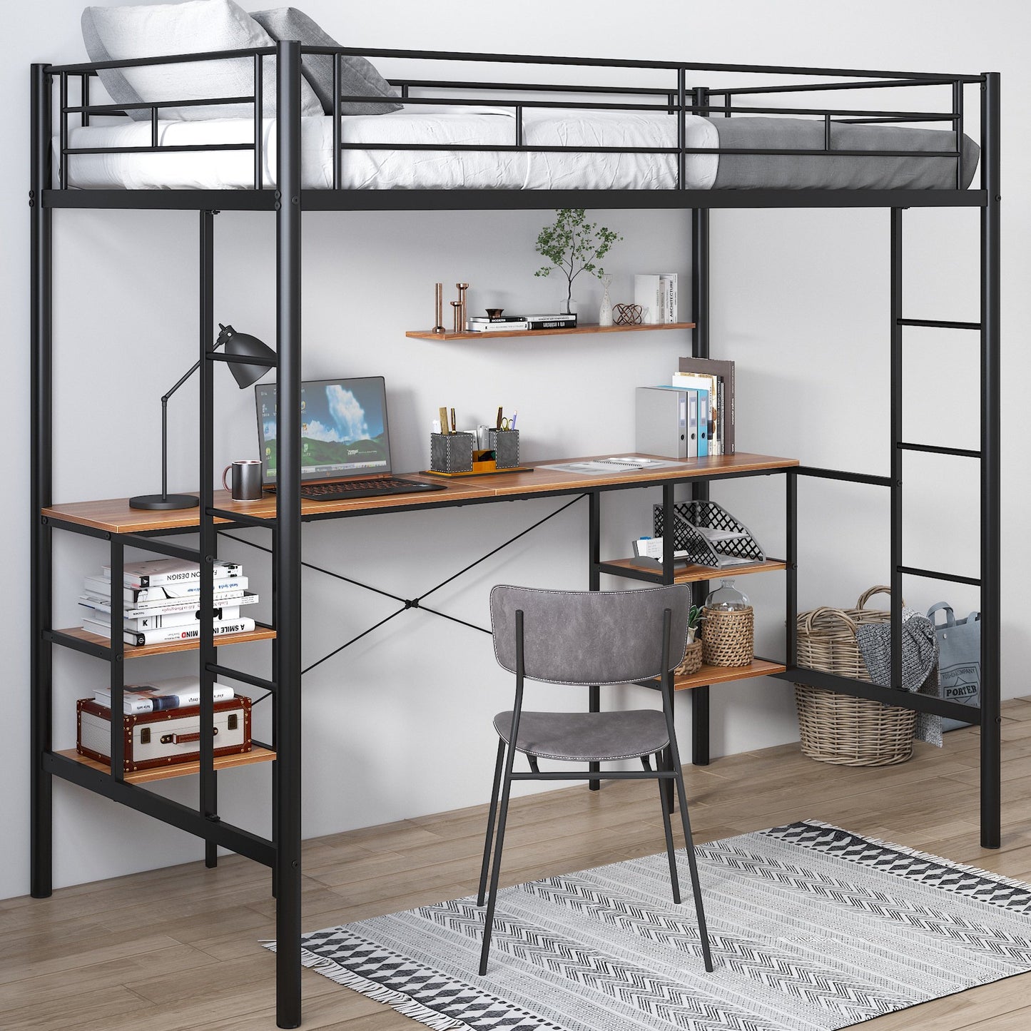 Sesslife Full Size Loft Bed with Desk, Heavy Duty Metal Bed Frame with 4 Storage Shelves, 2 Vertical Ladders and Full-Length Guardrail for Kids Teens Adults, No Box Spring Needed, Black