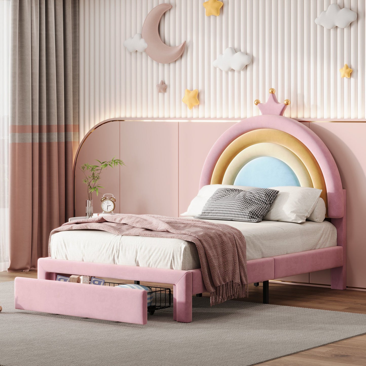 Sesslife Full Size Bed Frame with Velvet Rainbow Shape Headboard, Upholstered Platform Bed with 2 Storage Drawers for Girls, Wood Bed Frame with Strong Slats Support, No Box Spring Needed, Pink