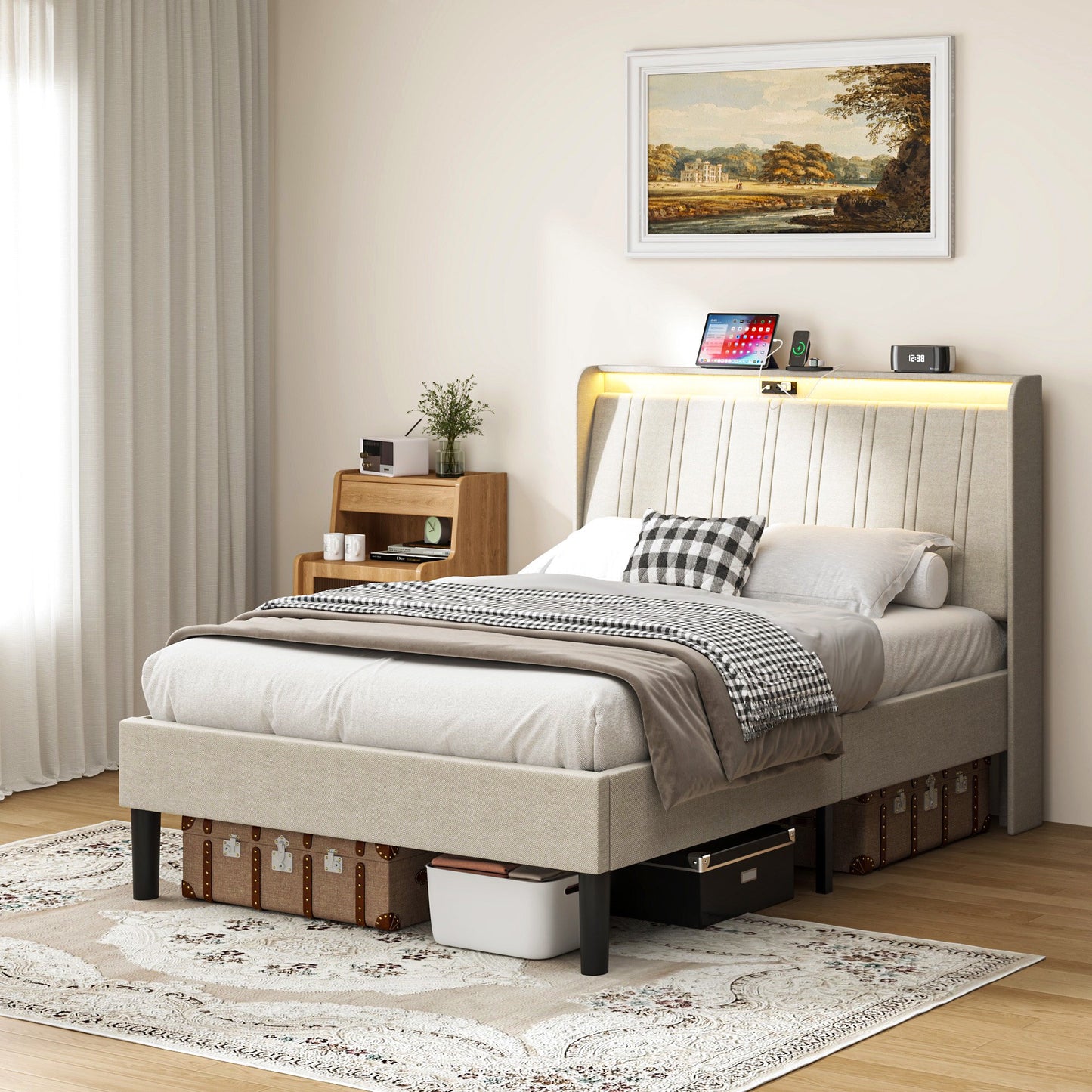 Sesslife Full Size Bed Frame with LED Headboard, Upholstered Platform Bed with Charging Station, Full Bed with Large Under Bed Storage, Noise Free, Strong Slats Support, No Box Spring Needed, Beige