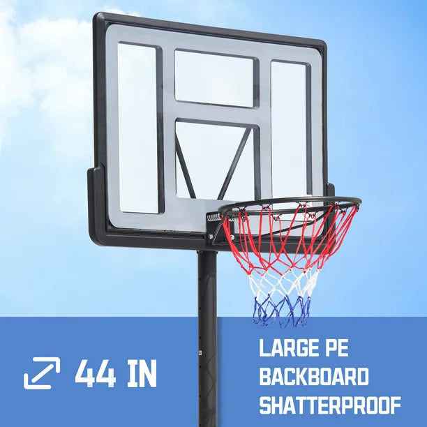 Sesslife Outdoor Basketball Hoop Stand, 4.9ft-10ft Height Adjustable Portable Basketball System w/Wheels & 43 Inch Shatterproof Backboard for Court Backyard, Black&Clear