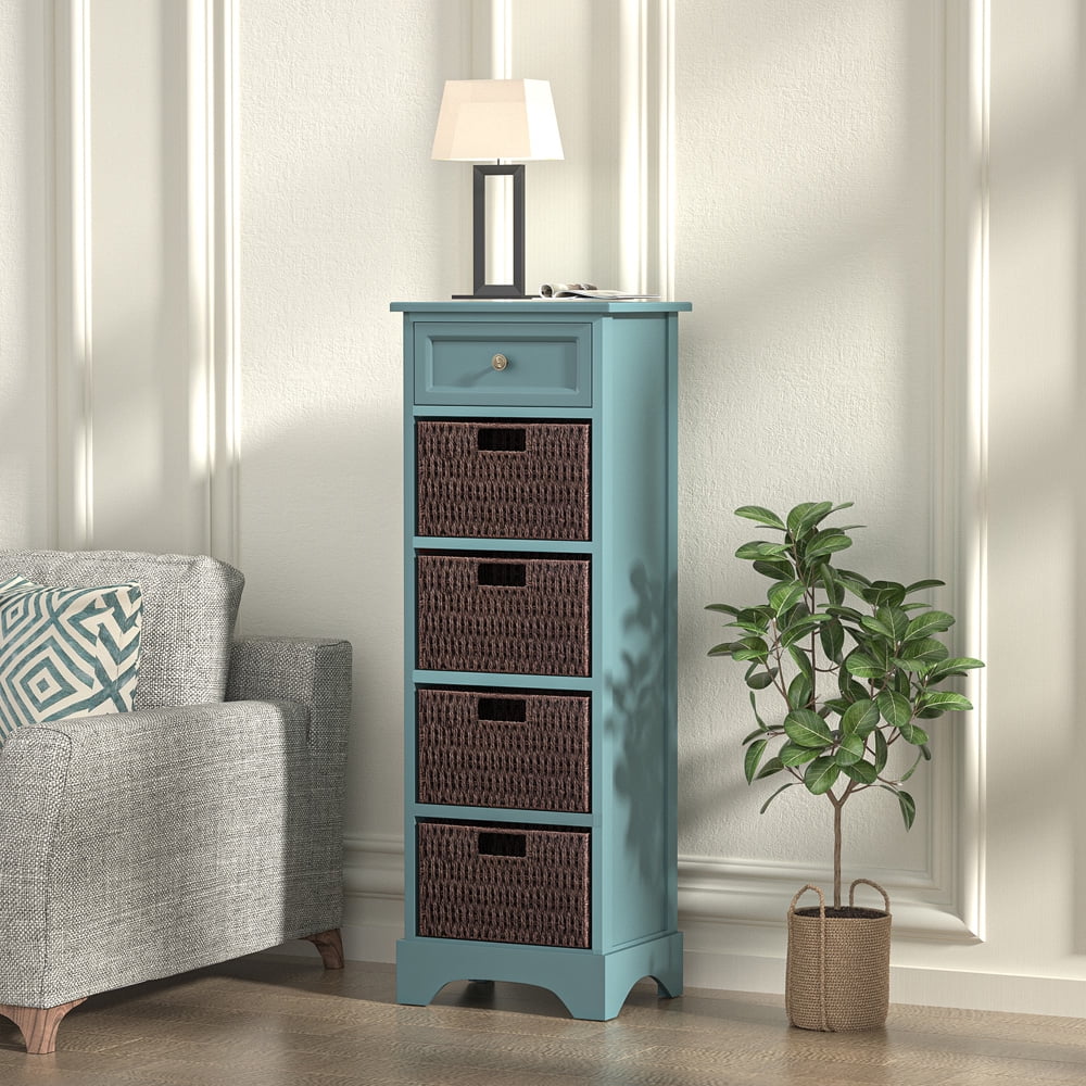 1 Drawer Dresser, SESSLIFE Blue Tall Tower Dresser with 4 Woven Pull Out Baskets, Organizer Cabinet for Bedroom Hallway Living Room Storage, Wood Standing Chest Farmhouse Style Furniture, Blue, X629