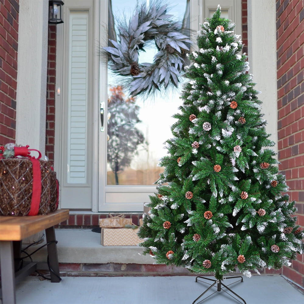 SESSLIFE 7 Feet Christmas Tree with 1530 Tips, Hinged Flocking Spray Tree Artificial Xmas Tree with Iron Base, 61 Pine Cones, Green Christmas Tree for Indoor Outdoor Holiday Christmas Decorations