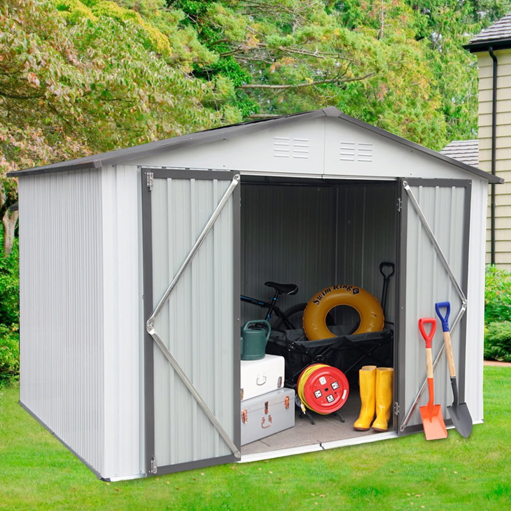 Sesslife Outdoor Storage Shed, 8 x 6 Ft Galvanized Steel Tool Storage House with Lockable Door, Vents, Wall Hooks, Outside Garden Storage Room with Sloping Roof for Backyard Lawn, White