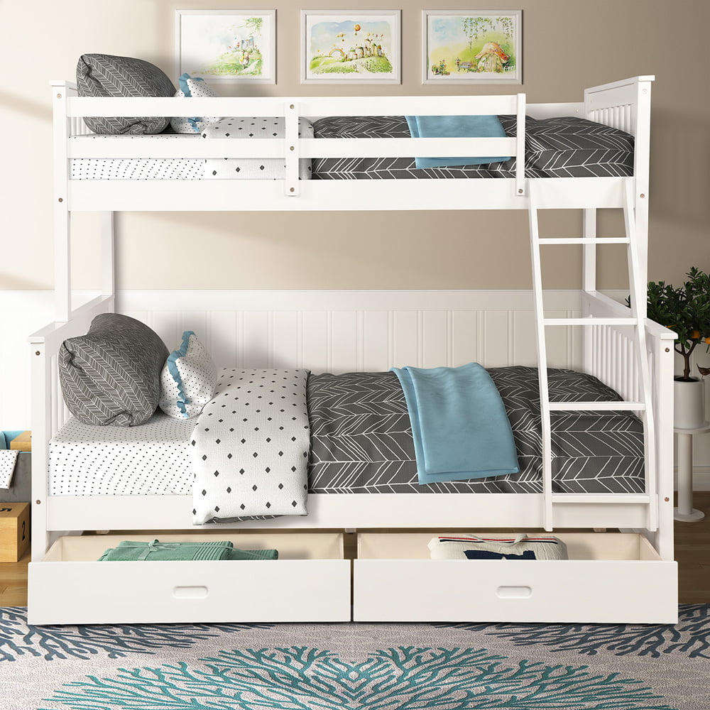 SESSLIFE Twin over Full Bunk Bed, Wood Bunk Bed with Drawer and Guard Rail, Kids Bunk bed with Ladder & Slats Support, Space Saving Storage Bed Frame for Bedroom Dorm, White, X2445