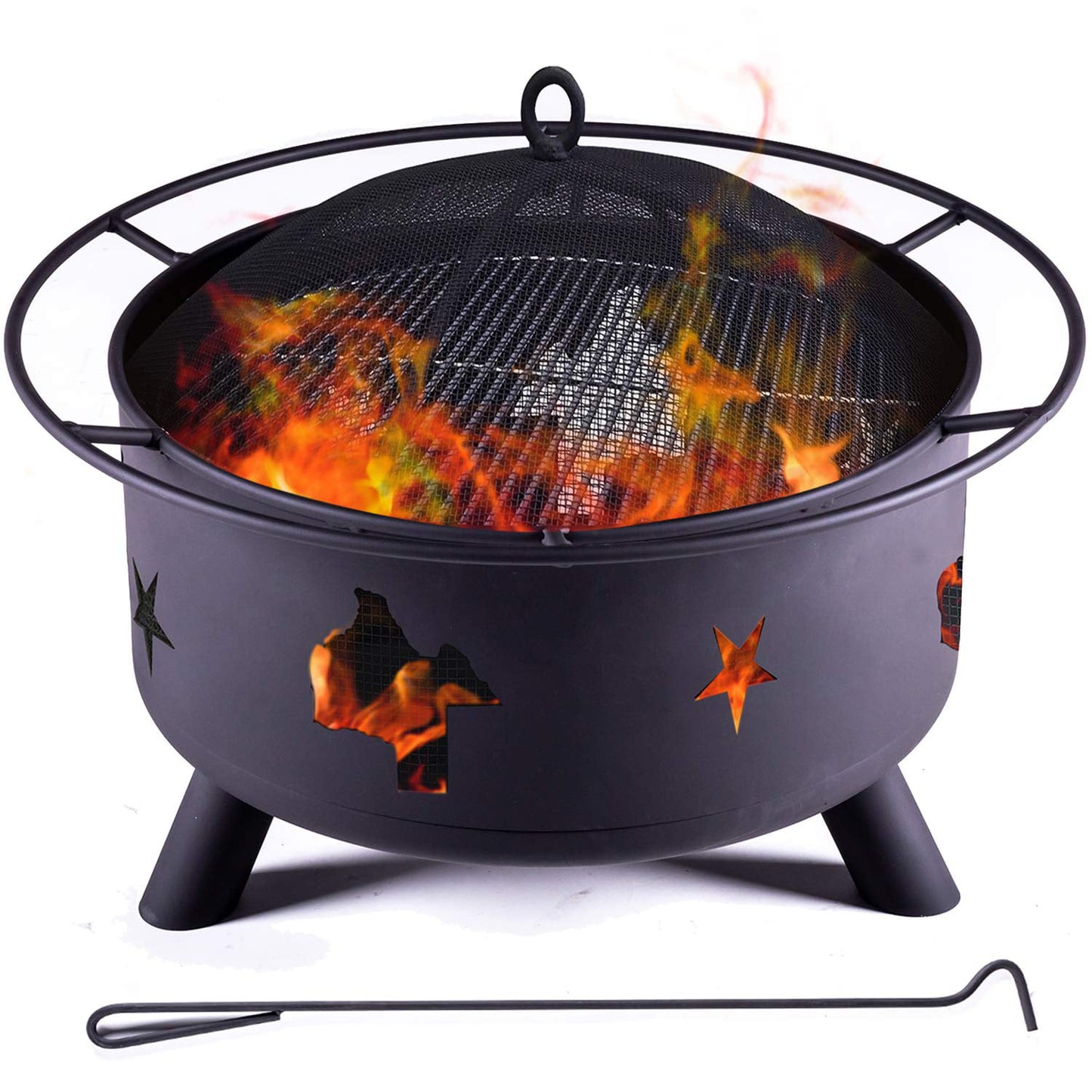 SESSLIFE Outdoor Fire Pit, 30" Round Wood Burning Fire pit Bowl with Grilling Grate, Long Poker, Protection Cover, Portable Fire Pit for Camping BBQ Party, Steel Patio Fire Pit BBQ Grill, Black, X1002