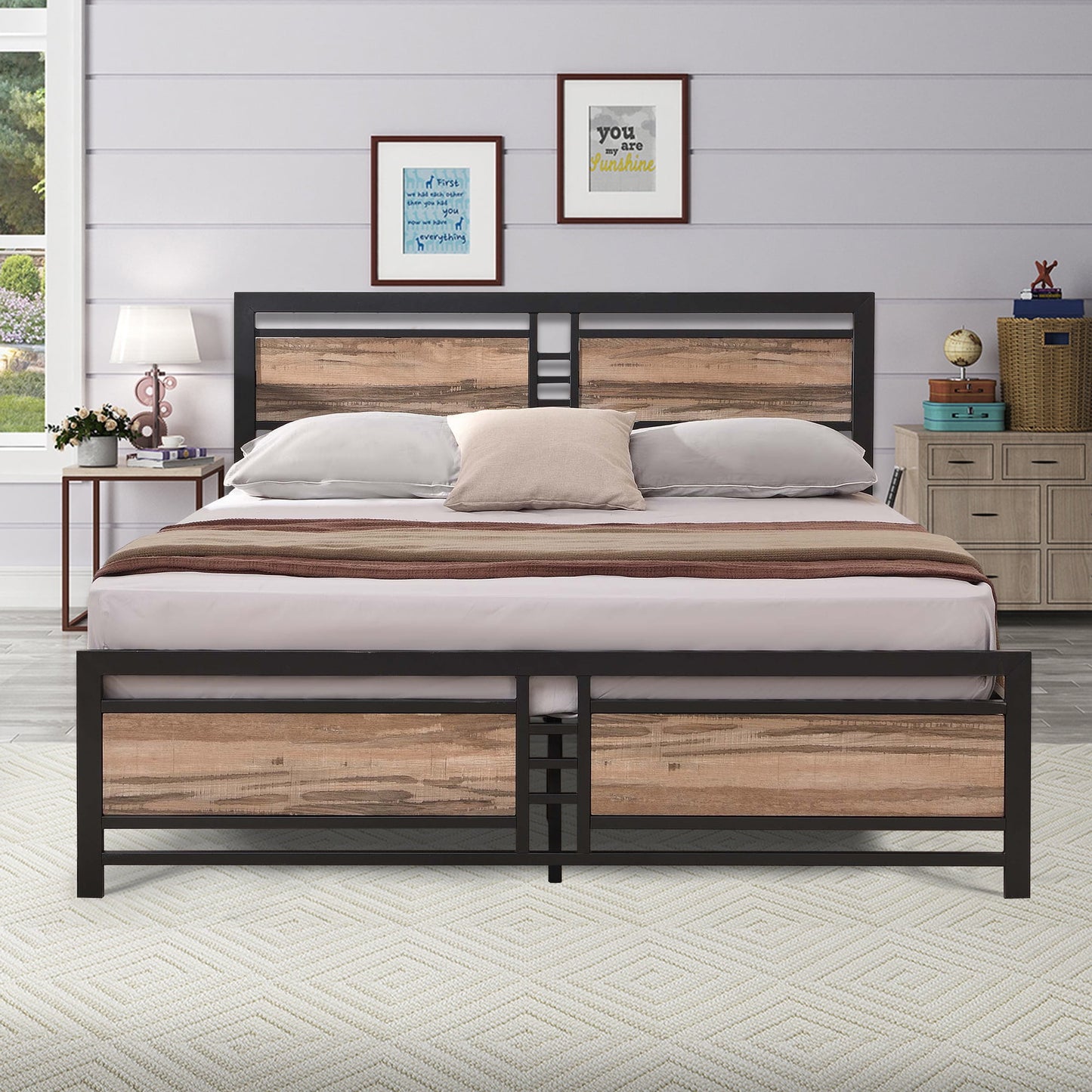 Sesslife Metal Platform Bed Frame Full Size, Industrial Bed Frame with Wood Headboard and Footboard, Heavy Duty Mattress Foundation, Slat Support, No Box Spring Needed, Light Brown