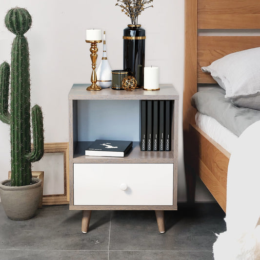 SESSLIFE Nightstand with Drawer, Modern Bedroom Nightstand Set of 2, Gray & White Wood Bedside Table Living Room Sofa End Table, X338