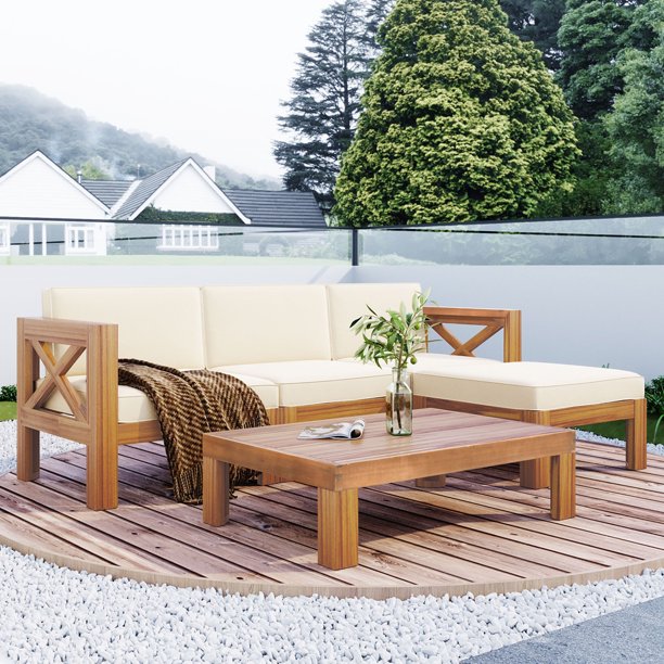 Sesslife Acacia Wood Outdoor Furniture Set, 5-Piece Sectional Sofa for Patio Backyard, Patio Seating Group with 2 Corner Sofas, Armless Sofa, Ottoman, Tea Table, Beige Cushions and Back Pillows