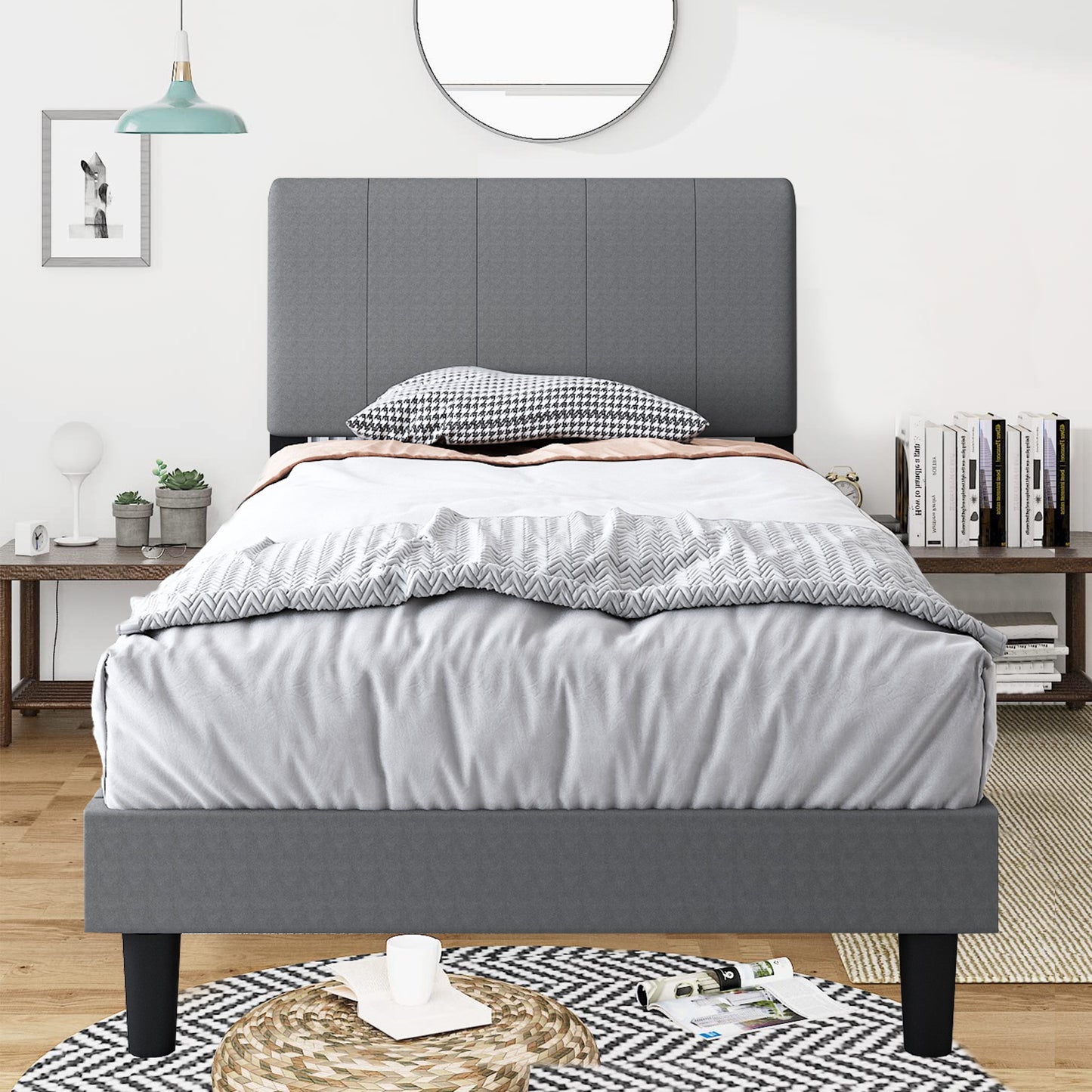 Sesslife Black Platform Bed Frame, Queen Bed Frame with Velvet Upholstered Headboard, Queen Floor Bed Frame, Mattress Foundation, No Box Spring Needed, Easy Assembly