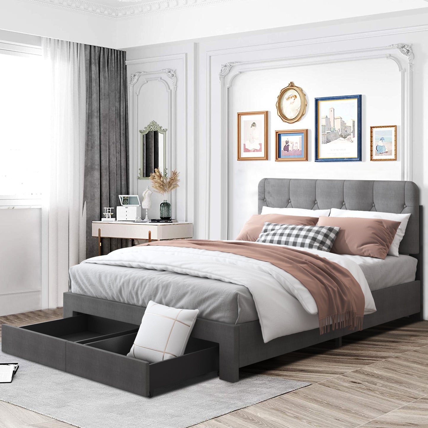 SESSLIFE Queen-Size Upholstered Platform Bed with Adjustable Button Tufted Headboard, Gray Storage Bed Frame, No Box Spring Needed