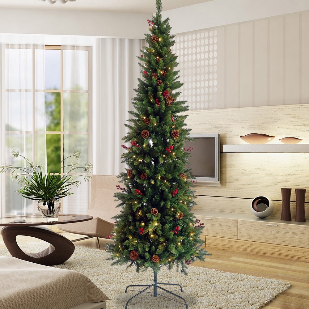 SESSLIFE 7.5 Ft Green Pencil Artificial Christmas Tree, Pre-lit Slim Xmas Tree w/300 LED Lights, 900 Tips, Foldable Metal Stand, Christmas Decoration for Holiday Home Party Office, Green X1336