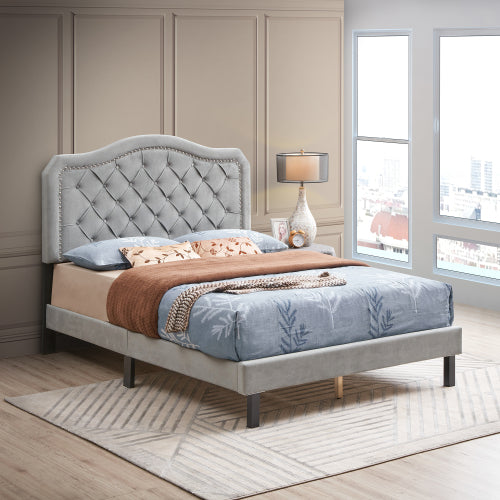 Sesslife Black Platform Bed Frame, Queen Bed Frame with Velvet Upholstered Headboard, Queen Floor Bed Frame, Mattress Foundation, No Box Spring Needed, Easy Assembly