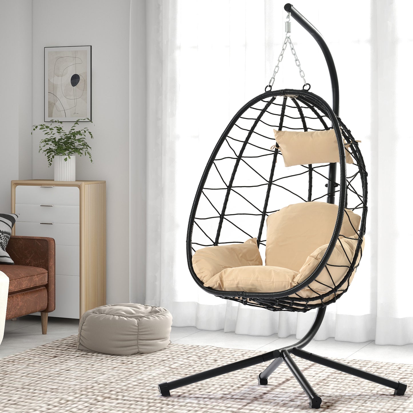 Sesslife Egg Chair Outdoor Indoor with Beige Cushion, Swing Chairs for Outside, Bedroom Patio Porch Garden Rattan Wicker Hanging Egg Chair, Aluminum Frame Basket Chair 280 lbs Capacity
