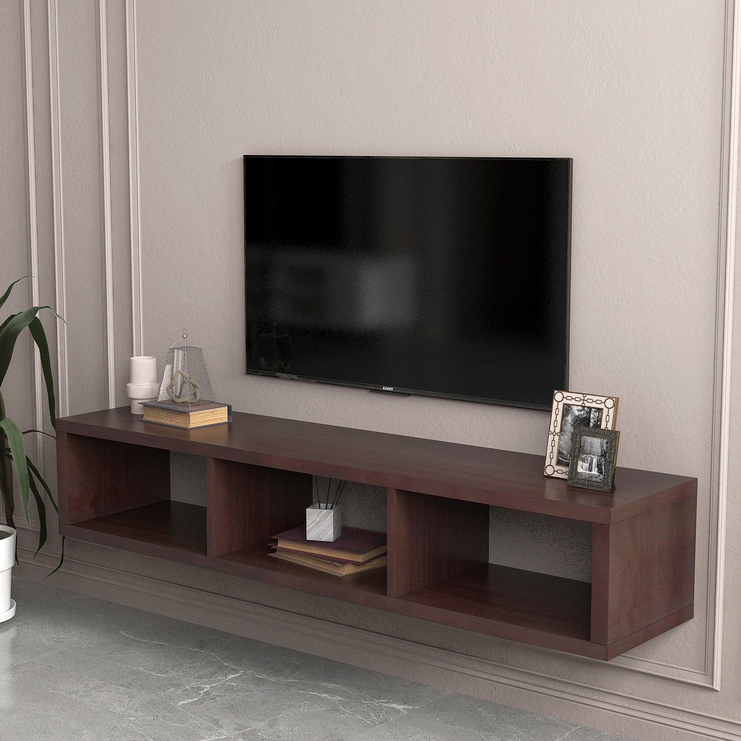 Sesslife Floating TV Shelf Wall Mounted for 65''TV, Modern Wood Wall Mounted TV Stand Entertainment Center Media Console, TV Stand with Open Compartments for Living Room, Brown