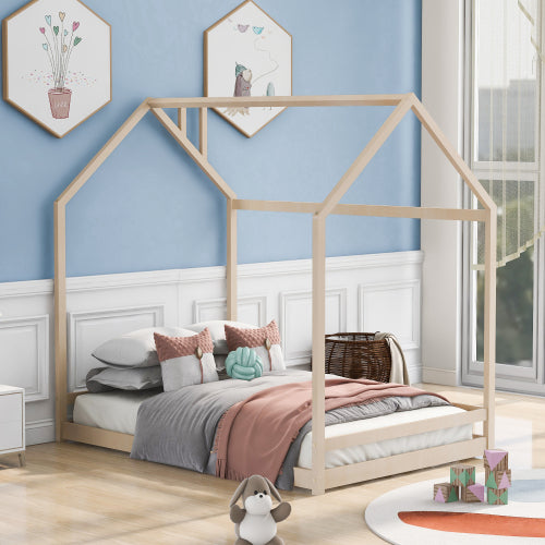 Sesslife Twin House Bed with Roof, Kids Floor House Bed Frame, Box Spring Needed, Easy Assembly, White