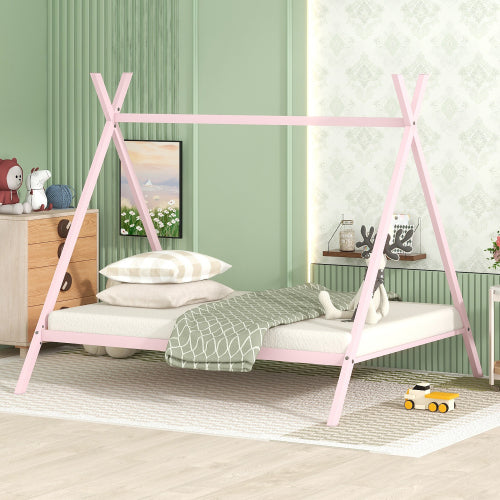 Sesslife Twin House Bed with Roof, Kids Floor House Bed Frame, No Box Spring Needed, Easy Assembly, White