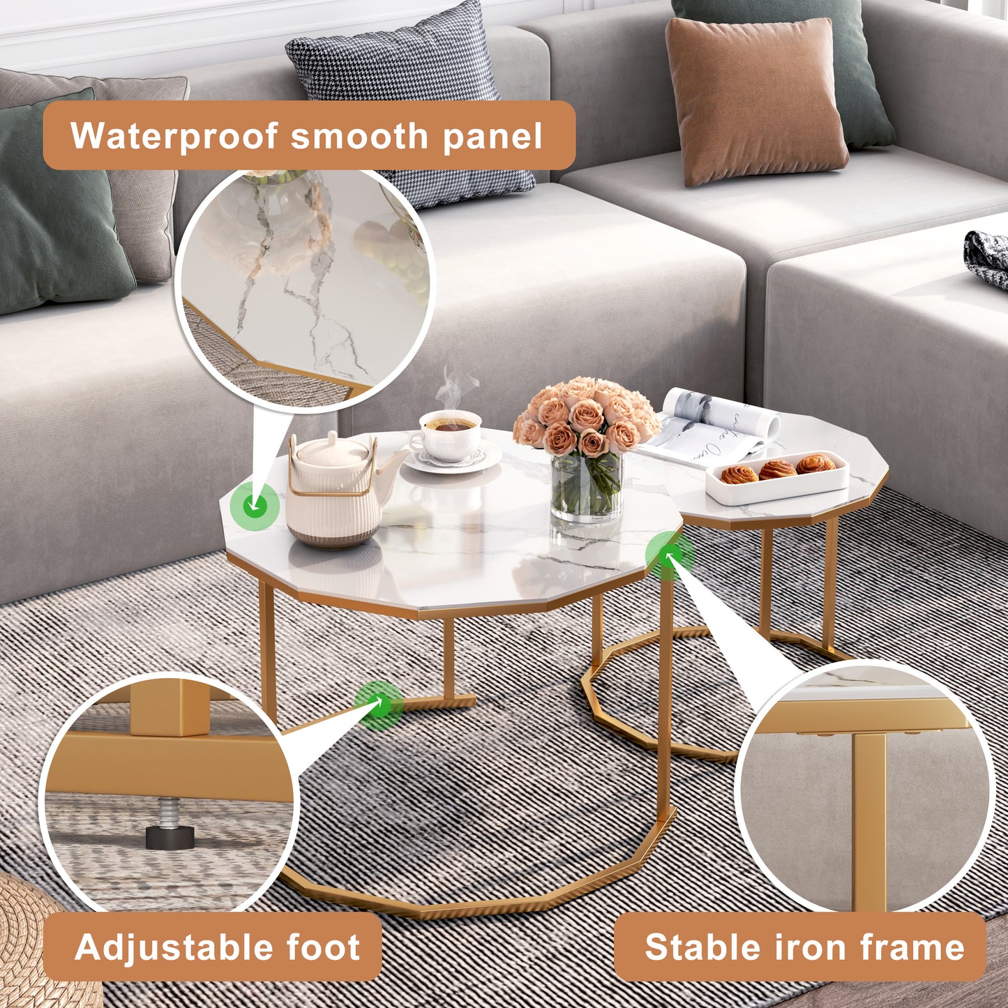Sesslife Coffee Table Nesting Set of 2, Side Set Golden Frame Circular and Marble Pattern Tables, Living Room Bedroom Apartment Modern Industrial Simple Nightstand, White + Gold