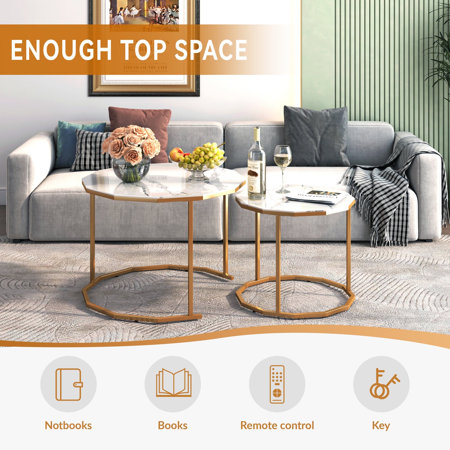 Sesslife Coffee Table Nesting Set of 2, Side Set Golden Frame Circular and Marble Pattern Tables, Living Room Bedroom Apartment Modern Industrial Simple Nightstand, White + Gold