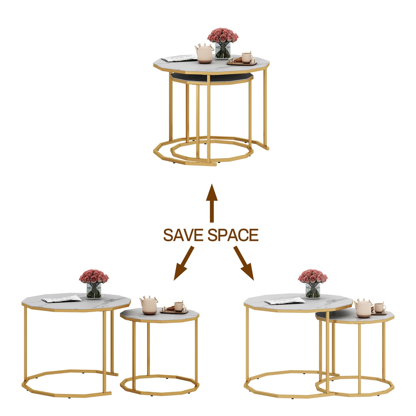 Sesslife Coffee Table Nesting Set of 2, Side Set Golden Frame Circular and Marble Pattern Tables, Living Room Bedroom Apartment Modern Industrial Simple Nightstand, White + Gold