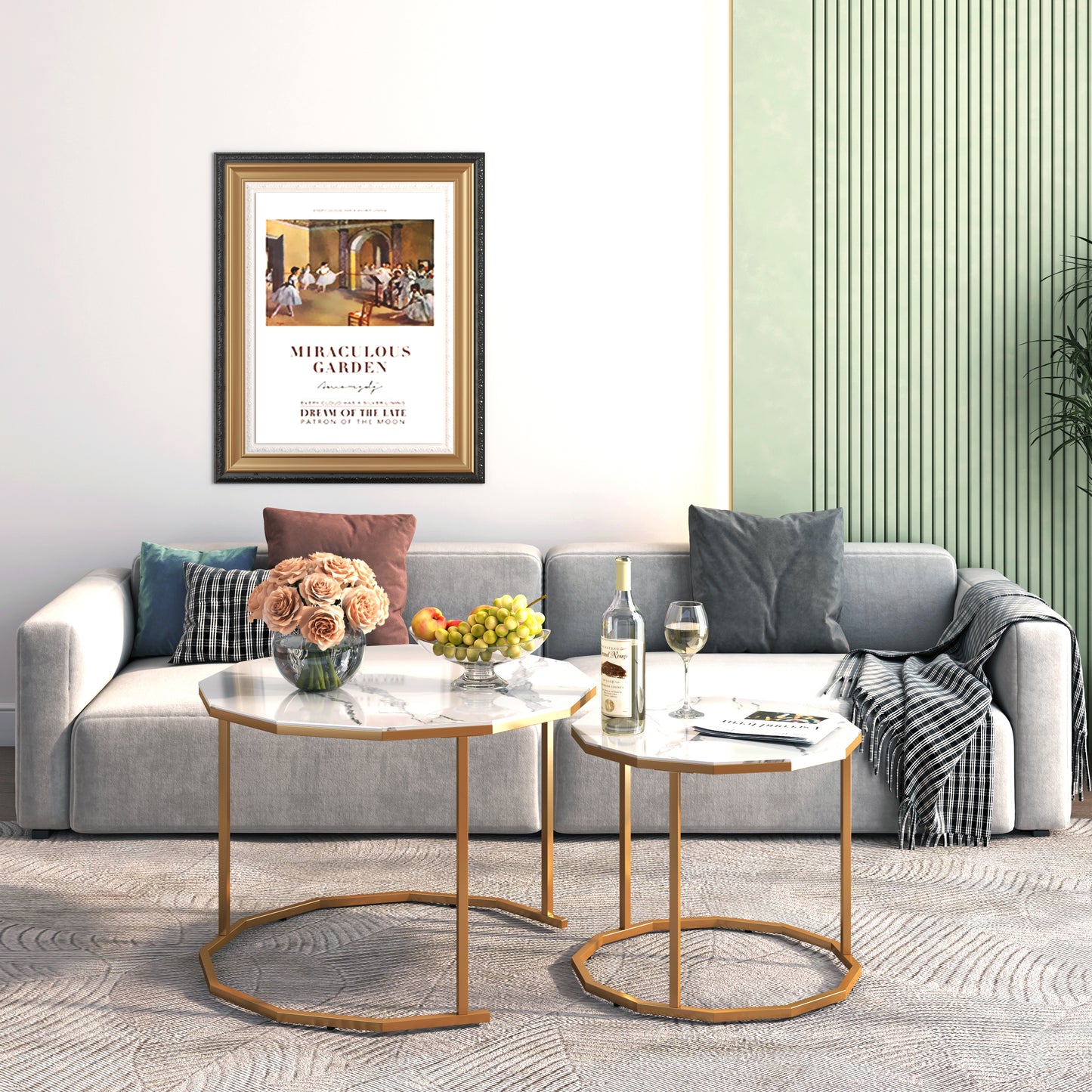 Sesslife Coffee Table Nesting Set of 2, Side Set Golden Frame Circular and Marble Pattern Tables, Living Room Bedroom Apartment Modern Industrial Simple Nightstand, White + Gold
