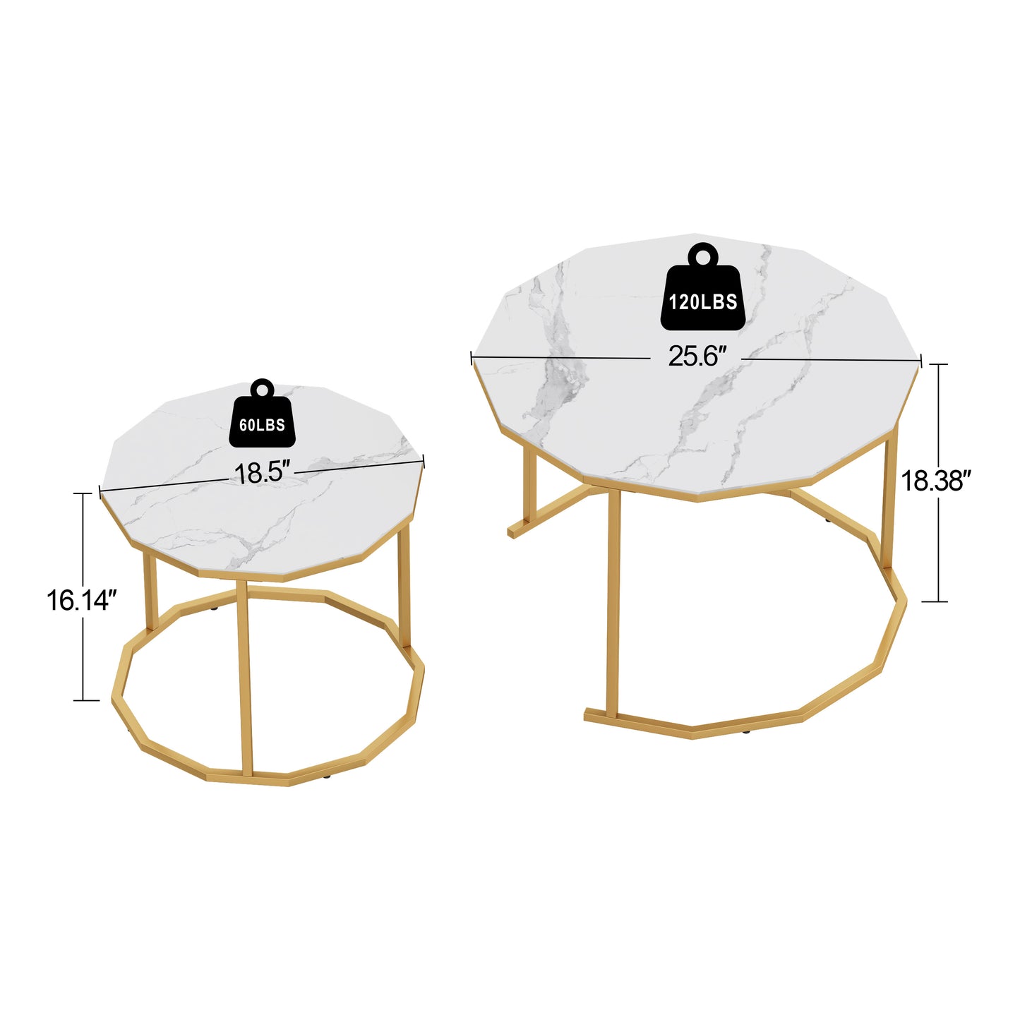 Sesslife Coffee Table Nesting Set of 2, Side Set Golden Frame Circular and Marble Pattern Tables, Living Room Bedroom Apartment Modern Industrial Simple Nightstand, White + Gold