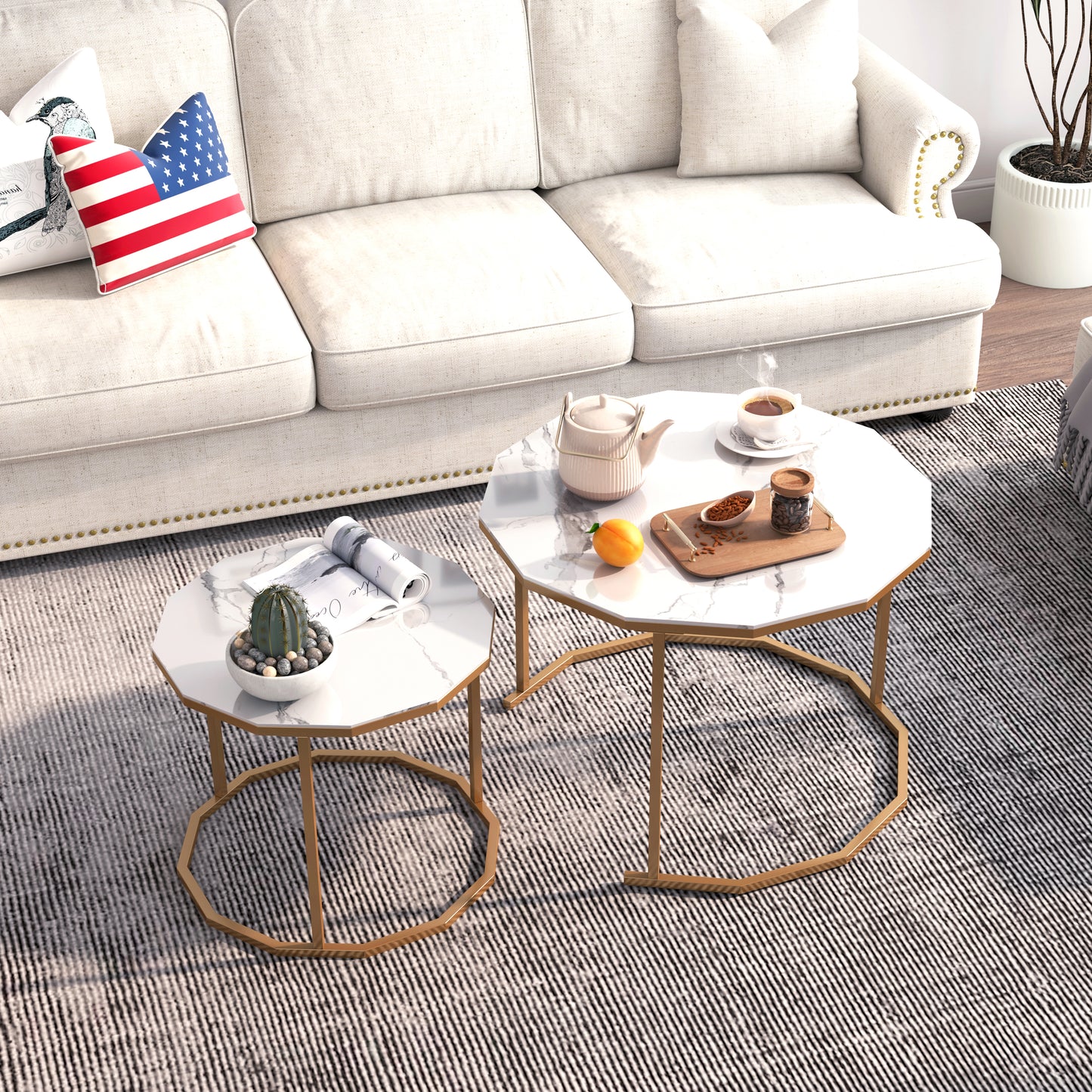 Sesslife Coffee Table Nesting Set of 2, Side Set Golden Frame Circular and Marble Pattern Tables, Living Room Bedroom Apartment Modern Industrial Simple Nightstand, White + Gold