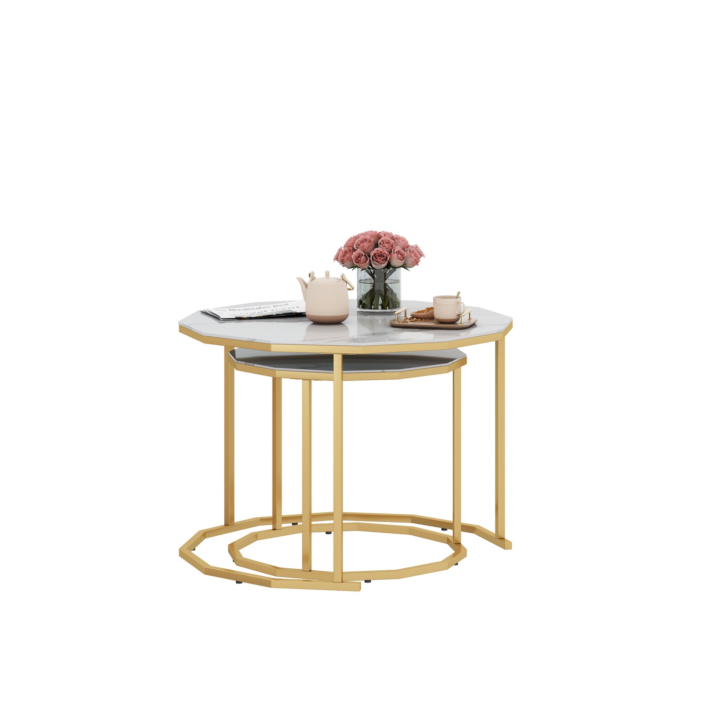 Sesslife Coffee Table Nesting Set of 2, Side Set Golden Frame Circular and Marble Pattern Tables, Living Room Bedroom Apartment Modern Industrial Simple Nightstand, White + Gold