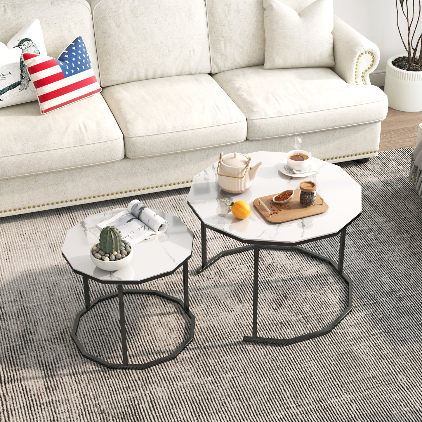 Sesslife Coffee Table Nesting Set of 2, Side Set Golden Frame Circular and Marble Pattern Tables, Living Room Bedroom Apartment Modern Industrial Simple Nightstand, White + Gold