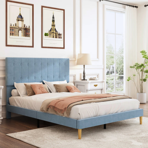 Sesslife Black Platform Bed Frame, Queen Bed Frame with Velvet Upholstered Headboard, Queen Floor Bed Frame, Mattress Foundation, No Box Spring Needed, Easy Assembly