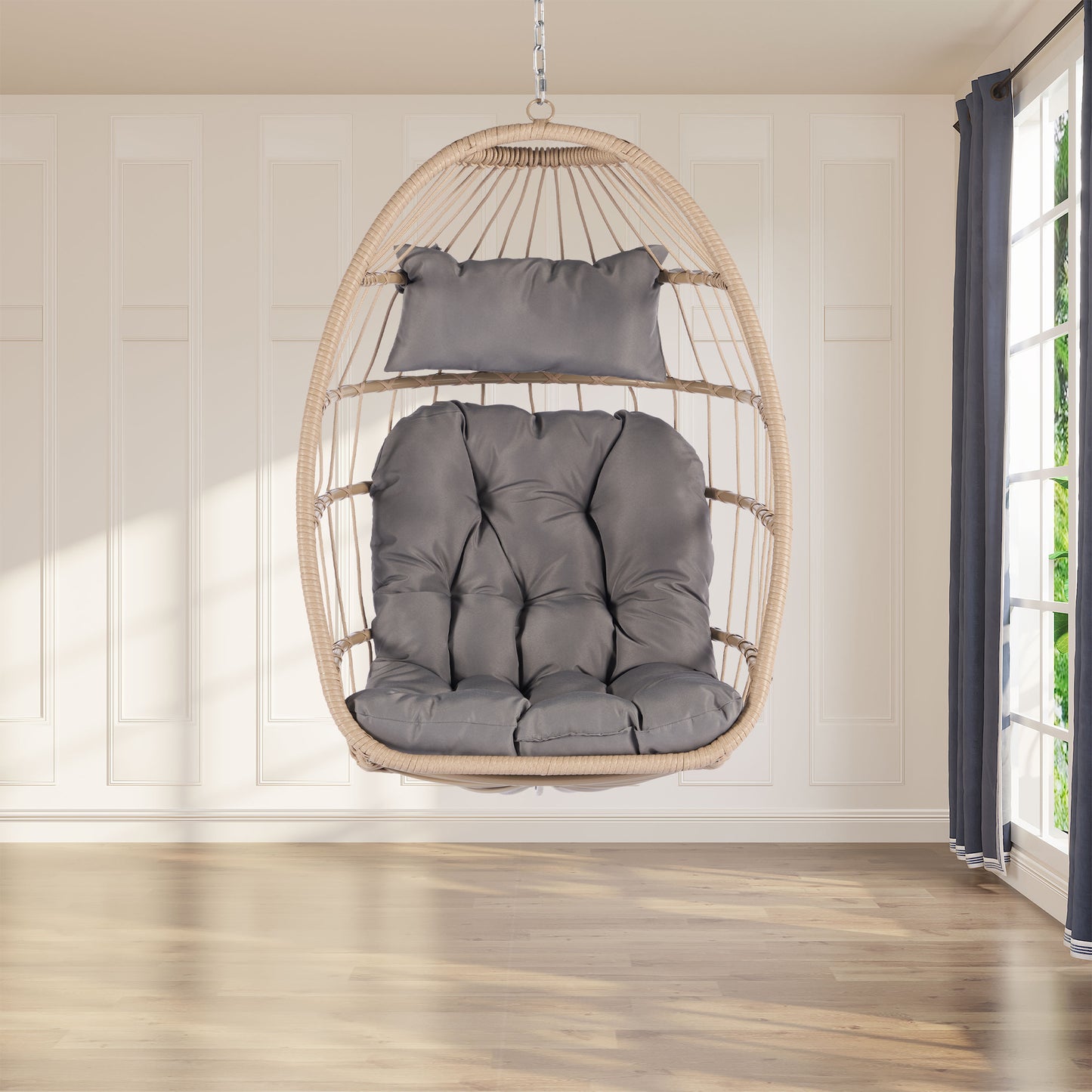 Sesslife Egg Chair Outdoor Indoor with Beige Cushion, Swing Chairs for Outside, Bedroom Patio Porch Garden Rattan Wicker Hanging Egg Chair, Aluminum Frame Basket Chair 280 lbs Capacity