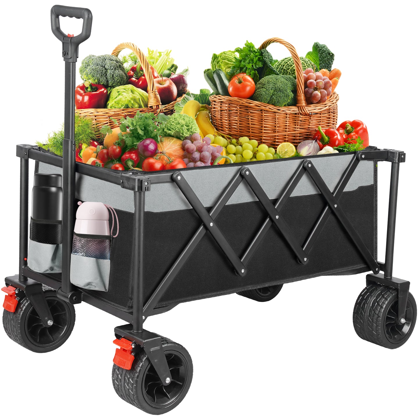 SESSLIFE Folding Beach Wagon for Sand, Collapsible Wagon Cart with Removable Canopy, Big Wheels, DT41