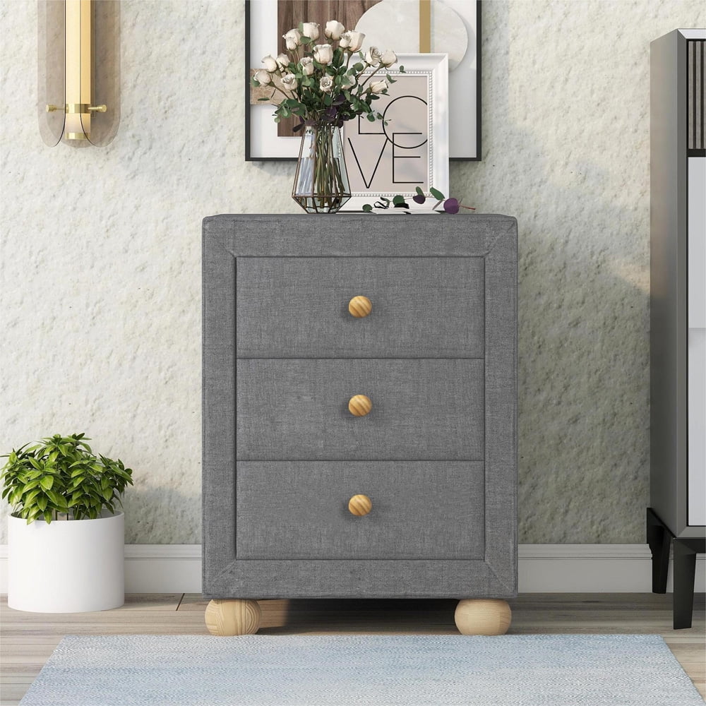 Modern Upholstered Nightstand, Sesslife Storage Bedside Table with 3 Drawers, Natural Wood Knobs, Sturdy Round Legs, 15.7"W Nightstand for Bedroom Living Room, Dark Gray
