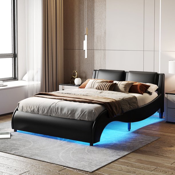 Sesslife Queen Size Bed Frame with LED Lights, Modern Upholstered Faux Leather Platform LED Bed Frame, Easy Assembly, Noise-Free(White)
