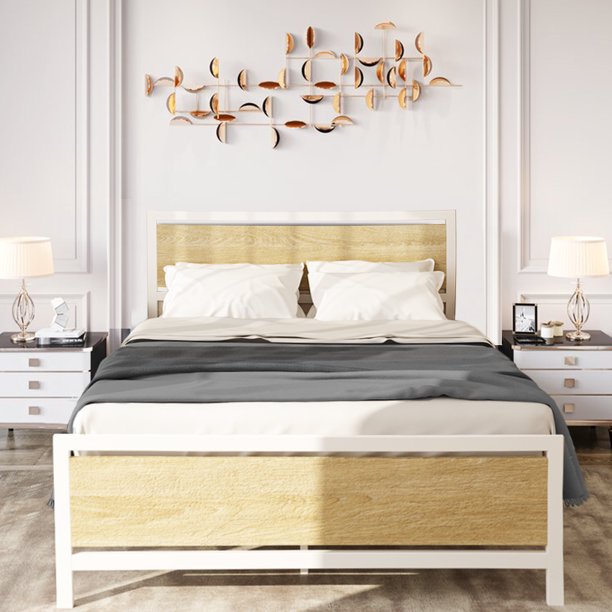 Queen Bed Frames with Wood Headboard and Footboard, SESSLIFE Metal Platform Bed Frame for Adults Kids Teens, Queen Size Bed Frame No Box Spring Needed, White, X154