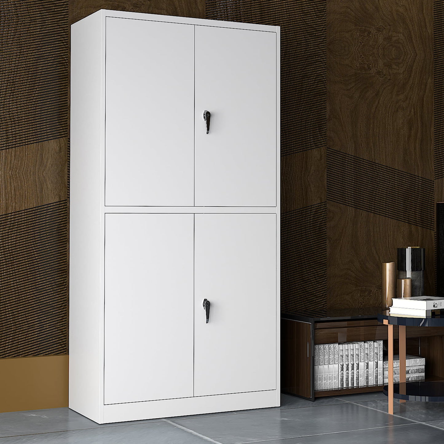 Sesslife Metal Storage Cabinet, Locking Office Cabinet with 2 Adjustable Shelves, 4 Tier Cabinet with 4 Doors and Lock, Storage Locker for Home School Office, White
