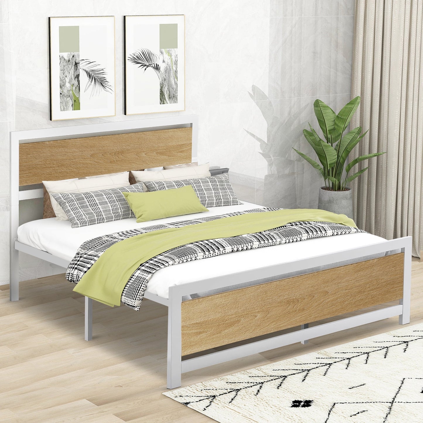 SESSLIFE Queen Size Beds, Industrial Metal Bed Frame with Headboard and Footboard, No Box Spring Needed, Full Platform Bed for Kids Adults, Steel Slats Suport, White, X138