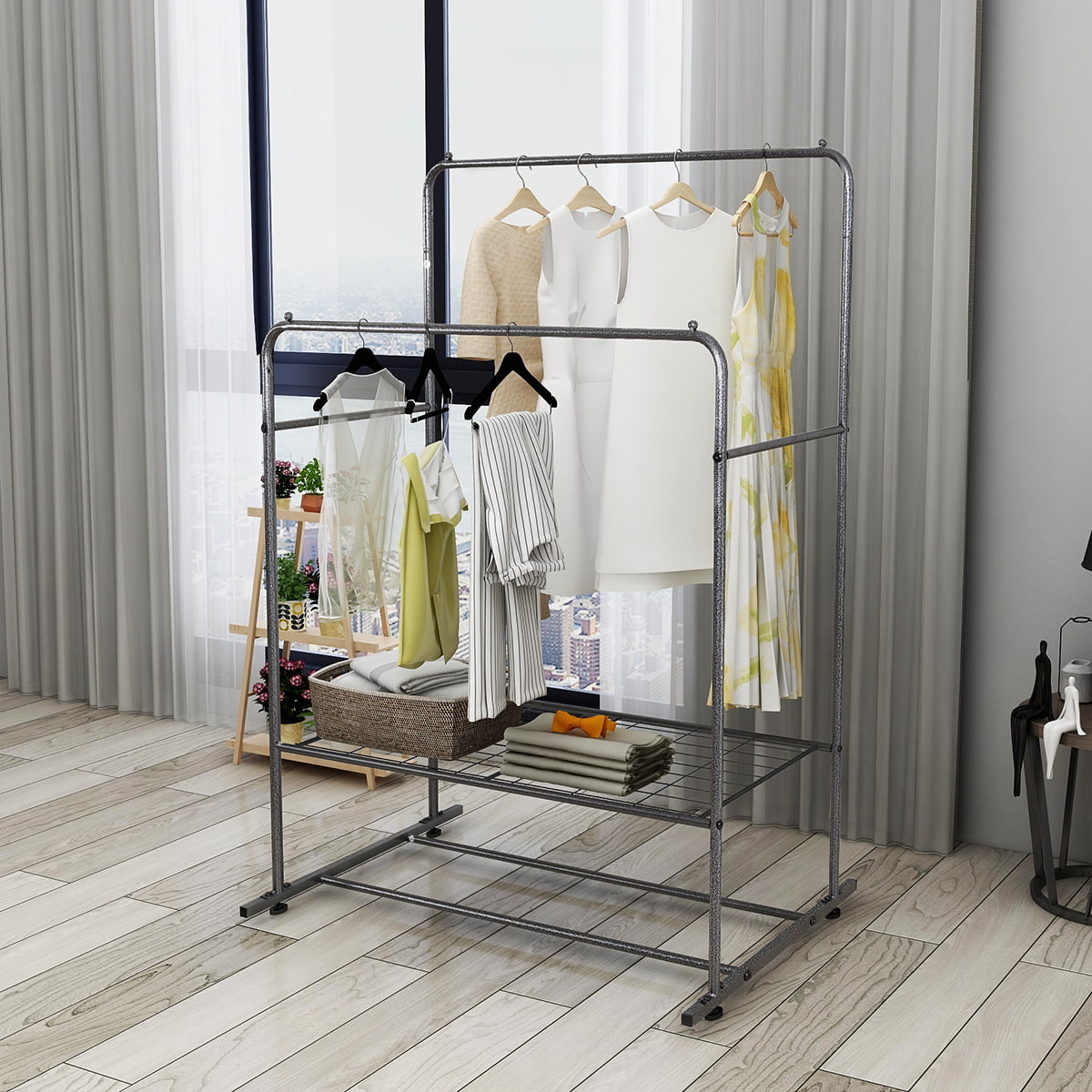 SESSLIFE Double Garment Rack, Metal Clothes Rack with Shelves, Silver, X1093
