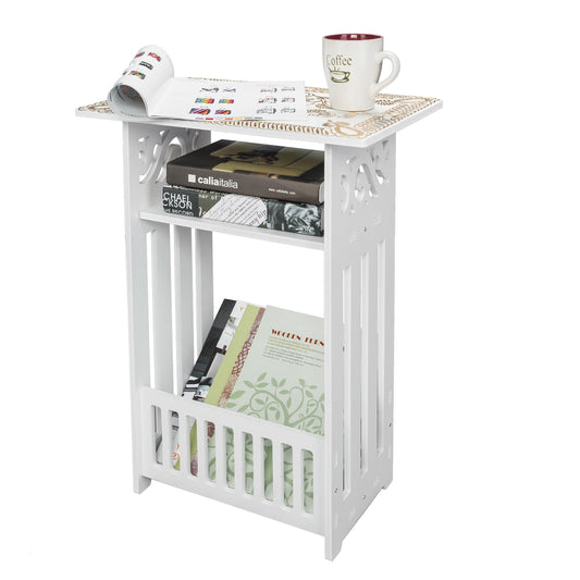 SESSLIFE Modern/Contemporary End Tables, 3 Tier Rectangular Wooden Sofa Side Table with Shelf and Rack, White Nightstand Sofa Table Tea Table with Storage for Living Room Bedroom, X2688