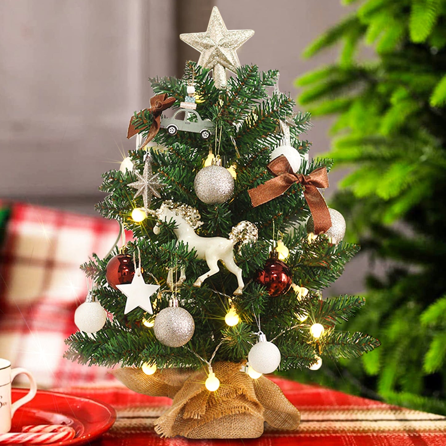 SESSLIFE Mini Christmas Tree for Tabletop, 20 Inches Table Top Christmas Trees with Lights, Ornaments, Small Flocked Christmas Tree for Desk Tabletop, Indoor Christmas Tree Decorations, Green