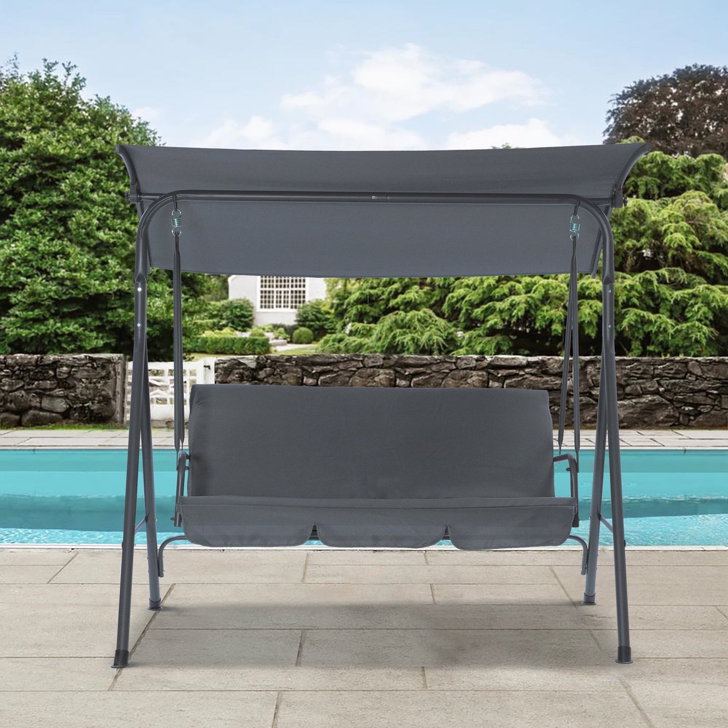 Sesslife Porch Swing with Canopy, 3-Seat Patio Swing Chairs for Backyard Porch, Canopy Swing Chairs with Adjustable Canopy and Removable Cushions, Gray Outdoor Porch Swing